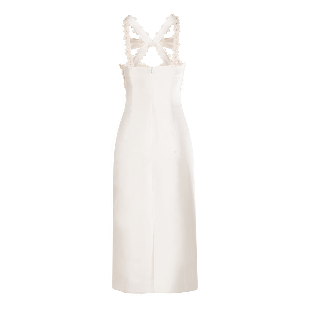 Delphine Dress in Ivory Silk Wool with Floral Appliqué