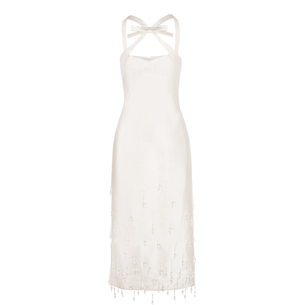 Delphine Dress in Ivory Silk Wool with Crystal Drops | Over The Moon