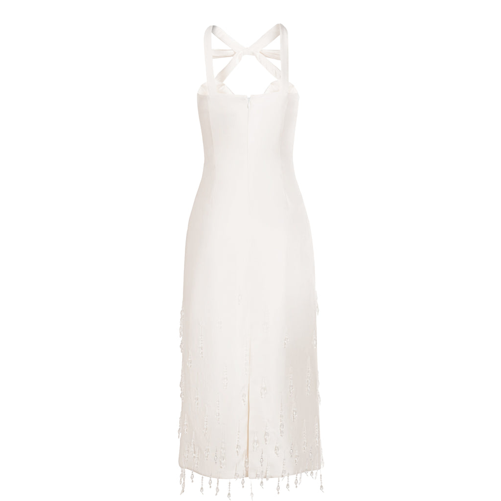 Delphine Dress in Ivory Silk Wool with Crystal Drops | Over The Moon