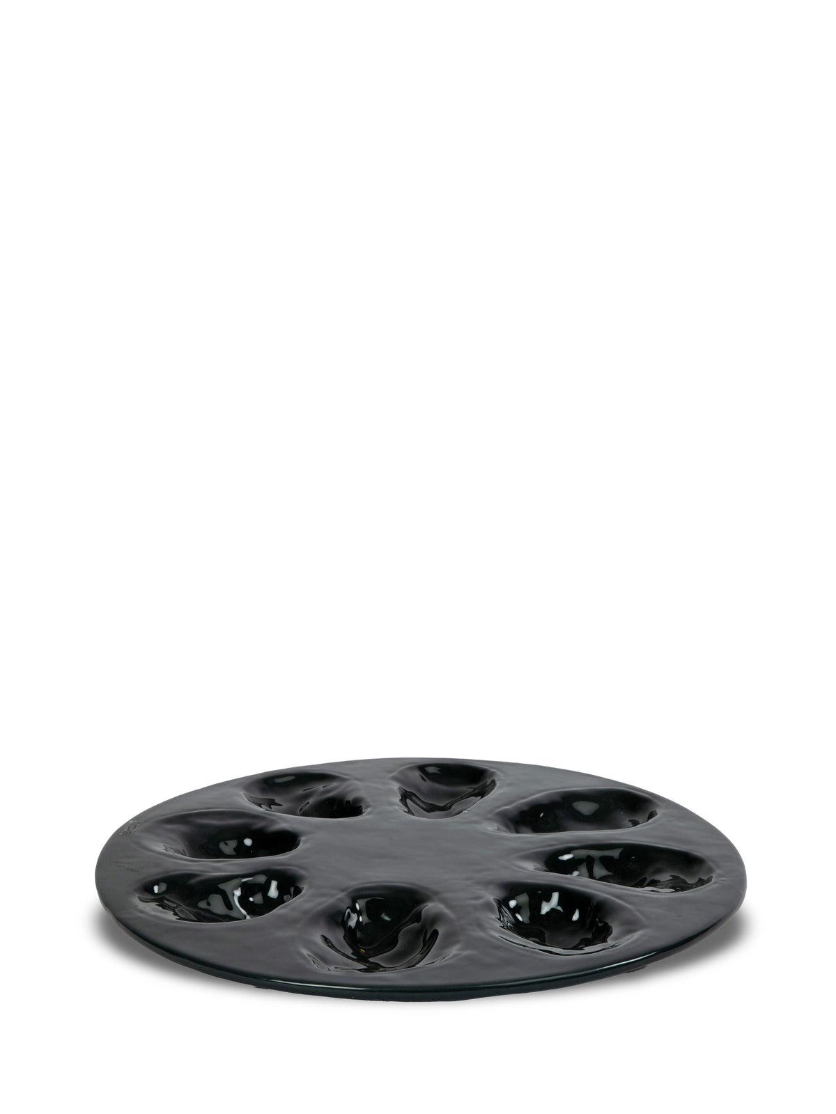 Front view of Oyster Serving Plate in Black showcasing eight oyster wells with a white background