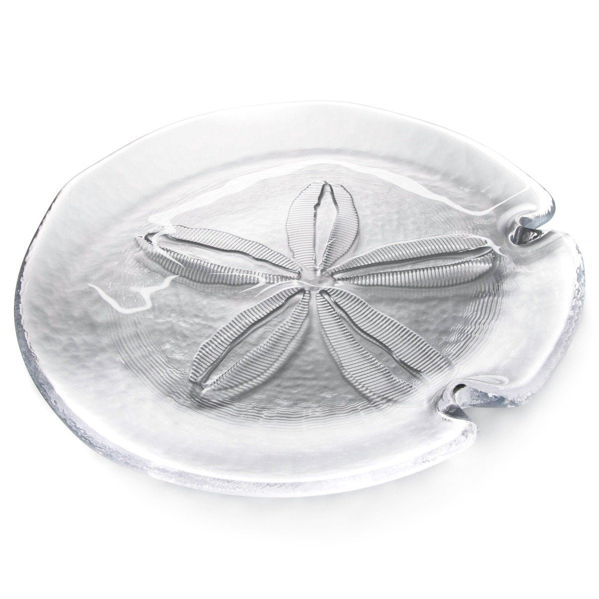 Angled view of Sand Dollar Platter showcasing raised sand dollar motif and softly textured glass surface on white background