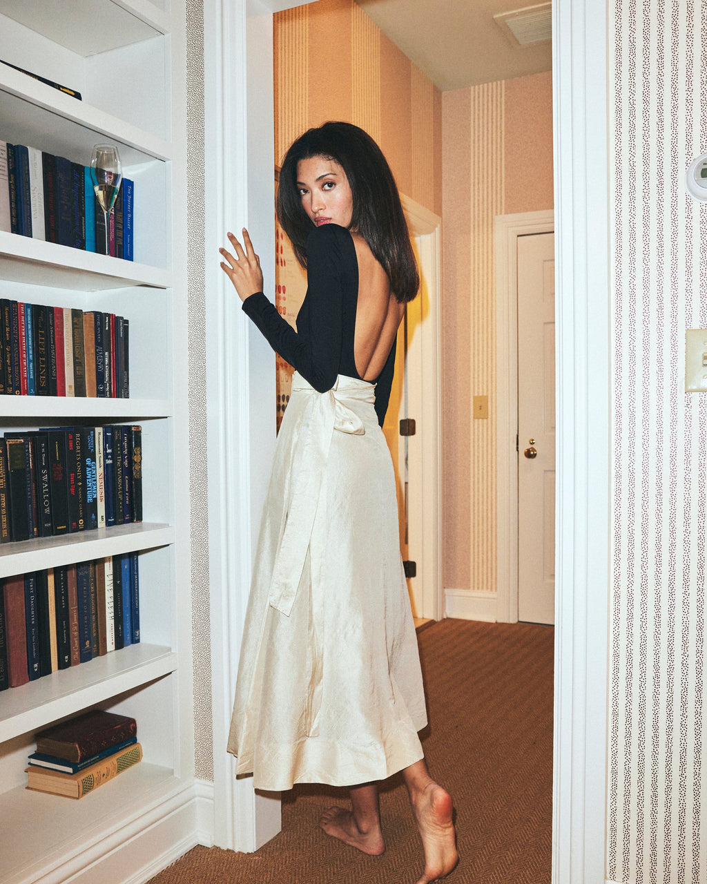 knee length dresses for ladies That Peaceful Feeling White Linen Blend Wrap Midi Skirt main image 1