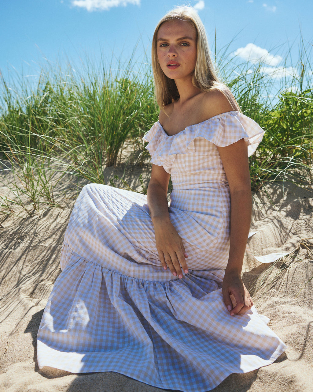 Camille Dress in Tan Gingham