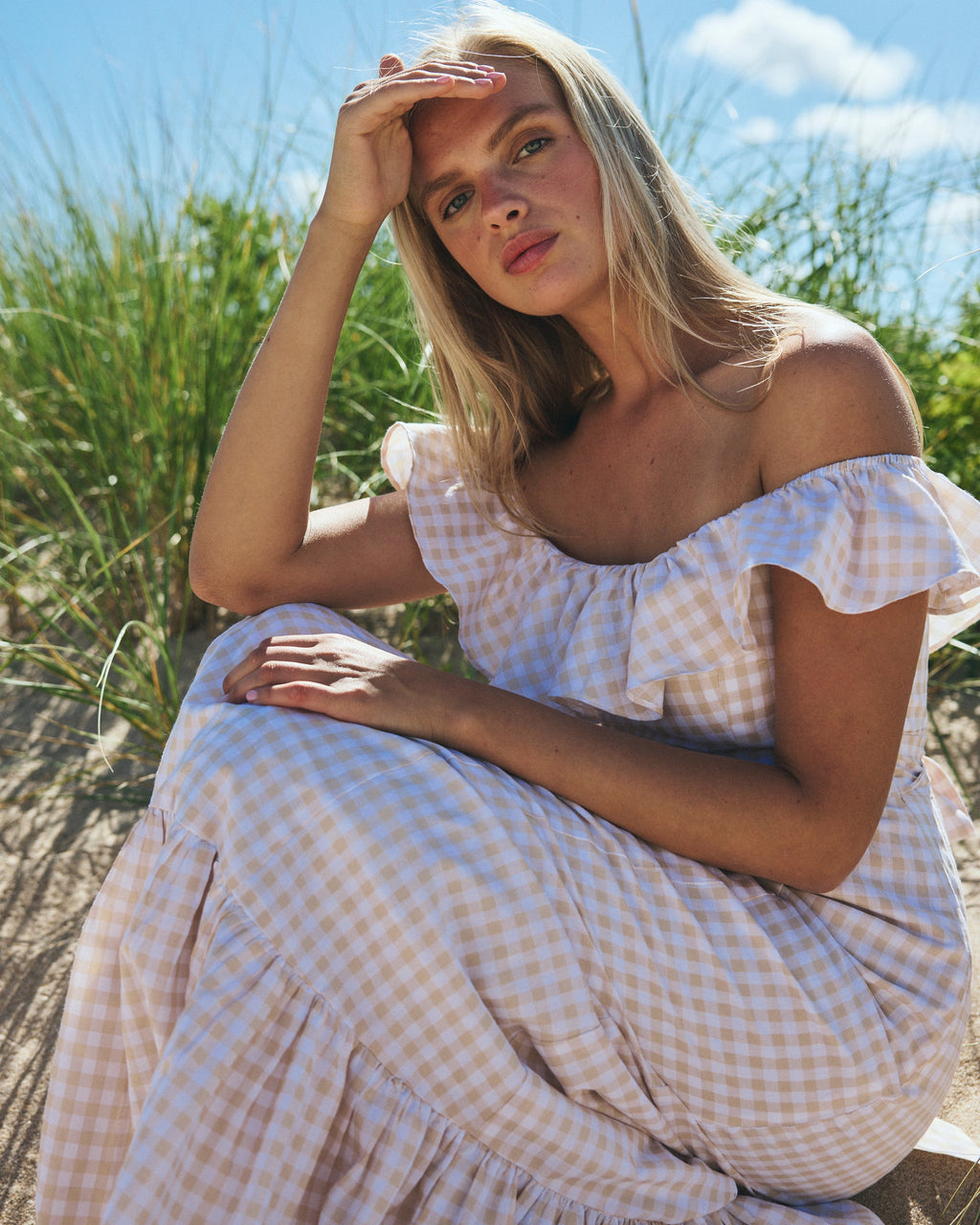 Camille Dress in Tan Gingham