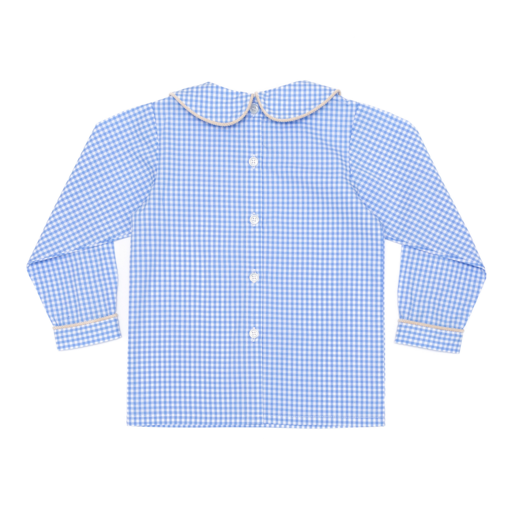 Back view of long-sleeve Henry Peter Pan shirt showing blue gingham, Peter Pan collar and cream piping on white background