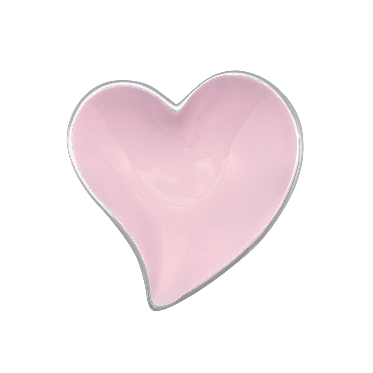 Top-down view of Pink Small Heart Bowl showcasing soft pink enamel interior and silver rim on white background
