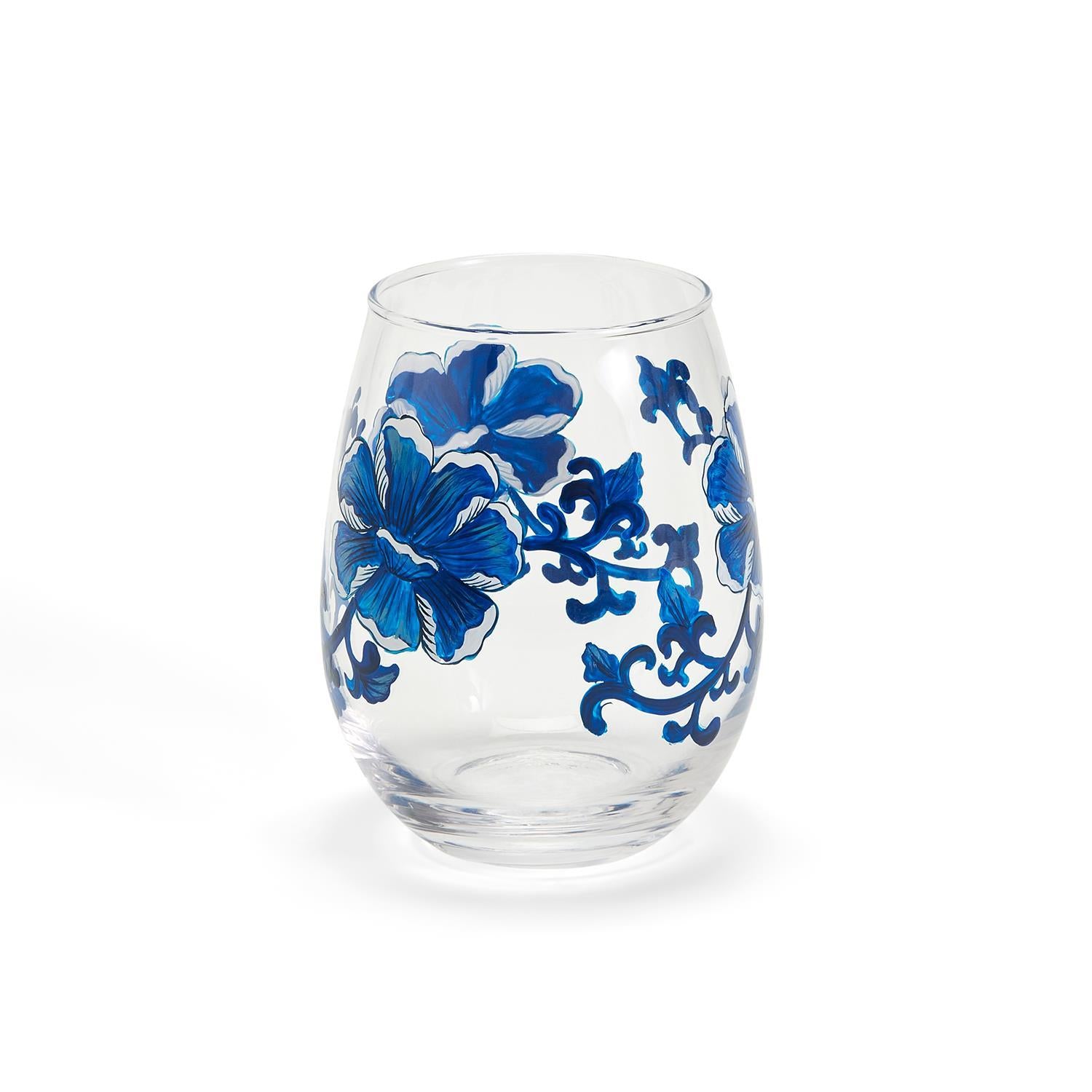 Chinoserie Hand-Painted Stemless Wine Glass, Set of 4