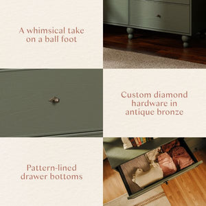 Astre 6-drawer dresser detail collage showing ball feet, antique bronze diamond hardware, and pattern-lined drawer bottoms