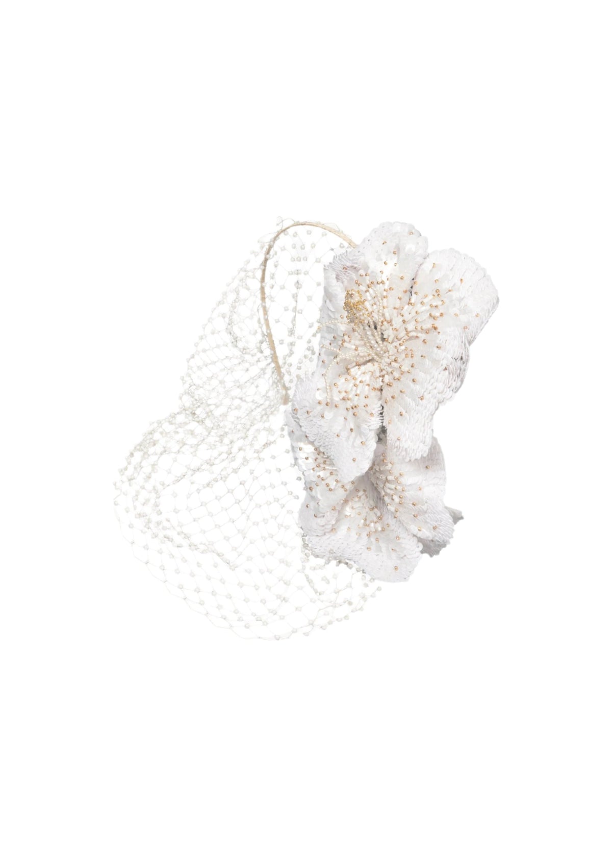 Angled view of Crystal Orchid Voilette in Cream showcasing pearl encrusted mesh veil and crystal beaded orchid flower on white background