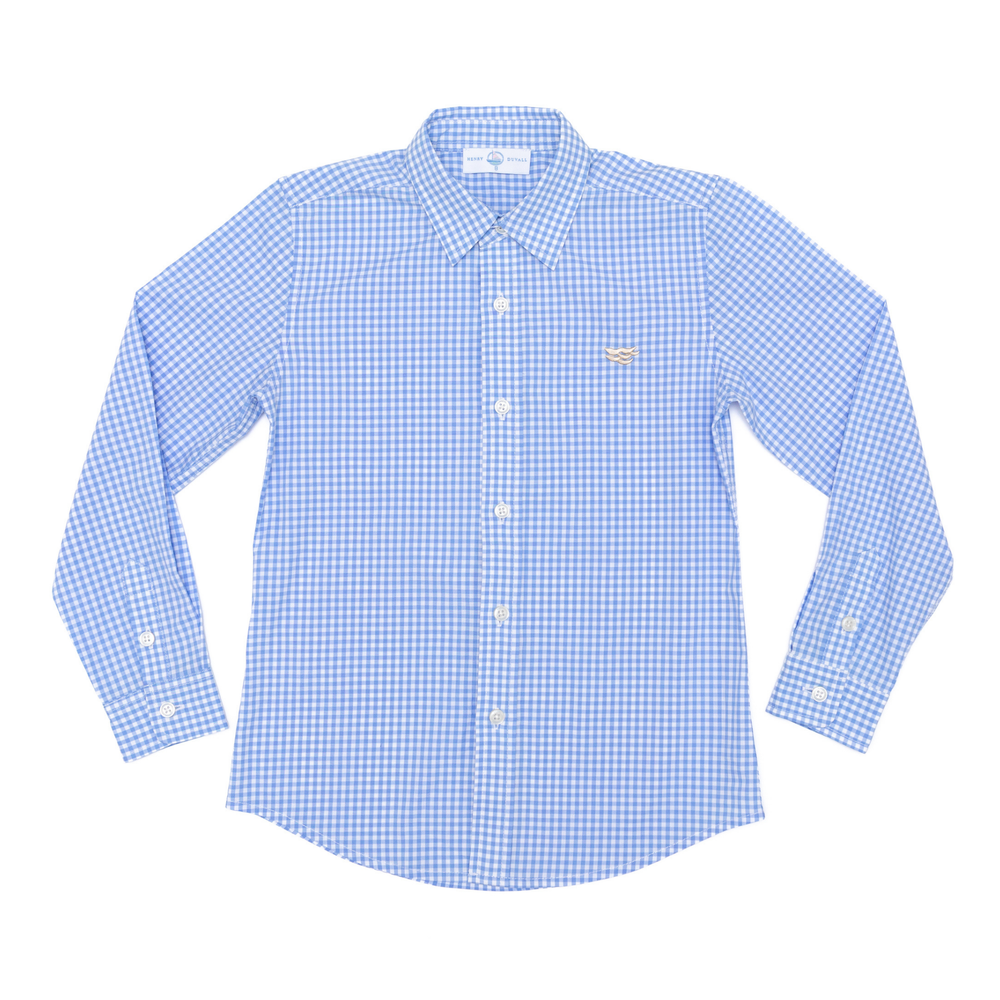 Flat lay of Bennett Button Down showing blue gingham, structured collar, button front and long sleeves on white background