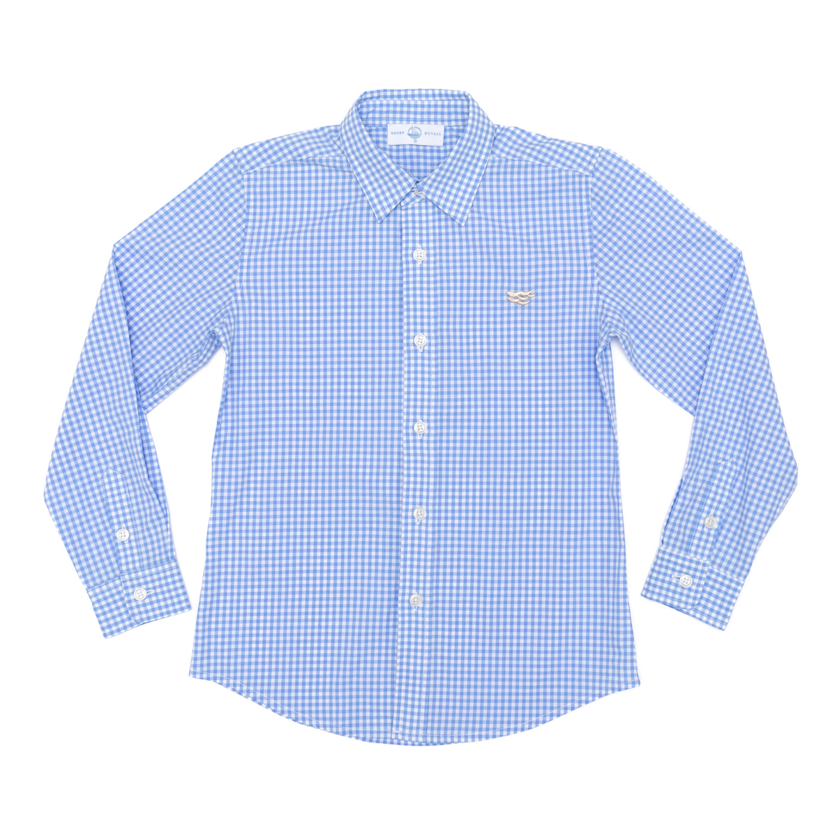 Flat lay of Bennett Button Down showing blue gingham, structured collar, button front and long sleeves on white background