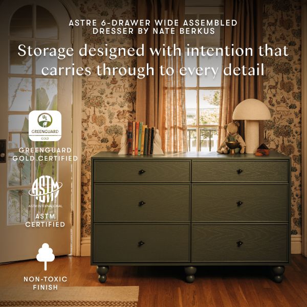 Front view of Astre 6-drawer dresser by Nate Berkus in Archival Elm, Greenguard Gold certified, with intentional storage
