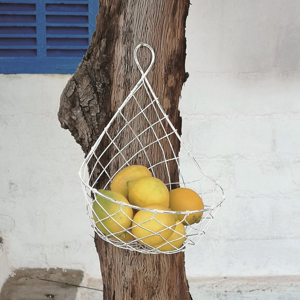 French Wireworks Demi-Lune Hanging Basket with Antique White Finish