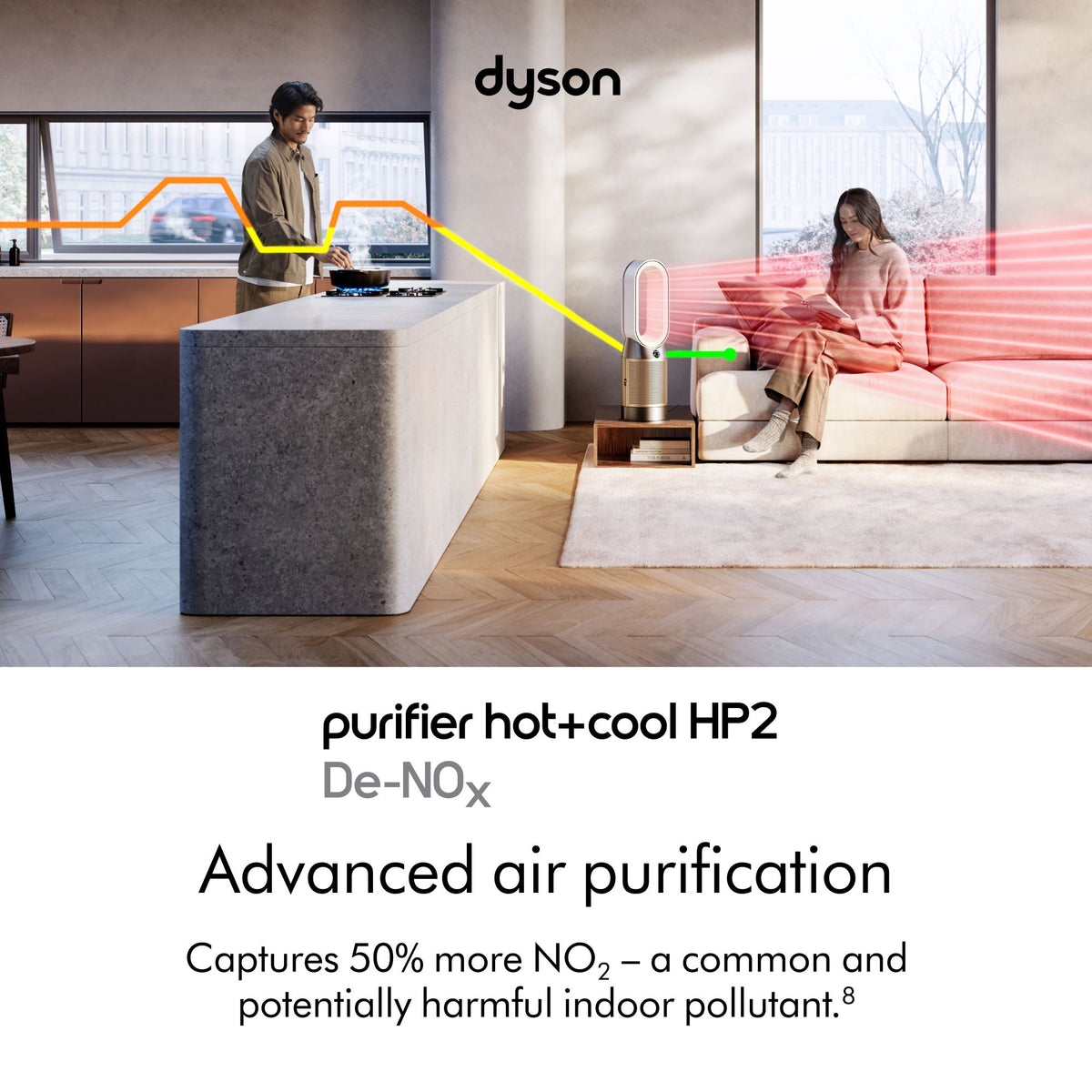 Image showing purifier hot+cool HP2 De-NOx with headline Advanced air purification and note Captures 50 percent more NO2