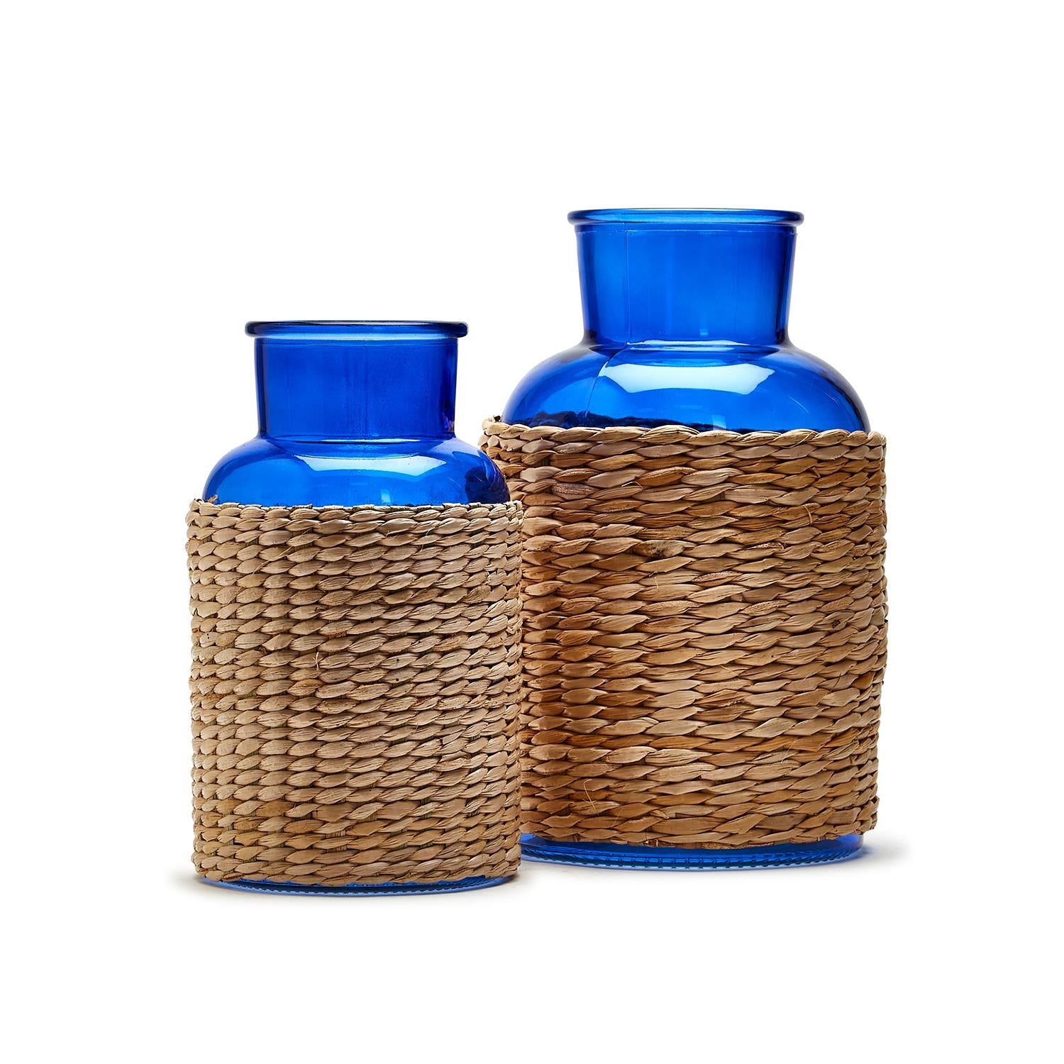 Blue Glass Candle Holder / Vase with Rattan Wrap, Set of 2