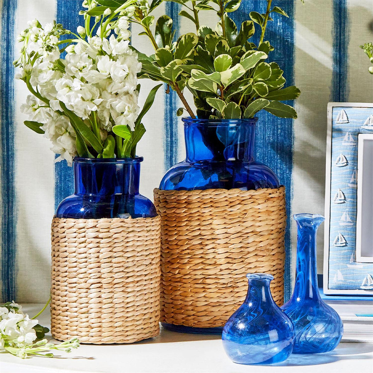 Blue Glass Candle Holder / Vase with Rattan Wrap, Set of 2