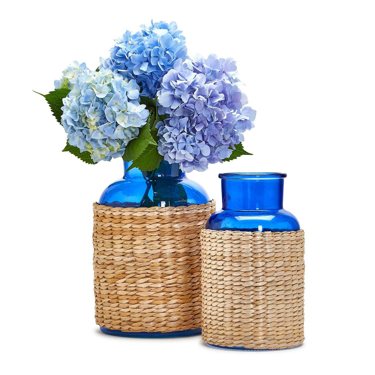 Blue Glass Candle Holder / Vase with Rattan Wrap, Set of 2