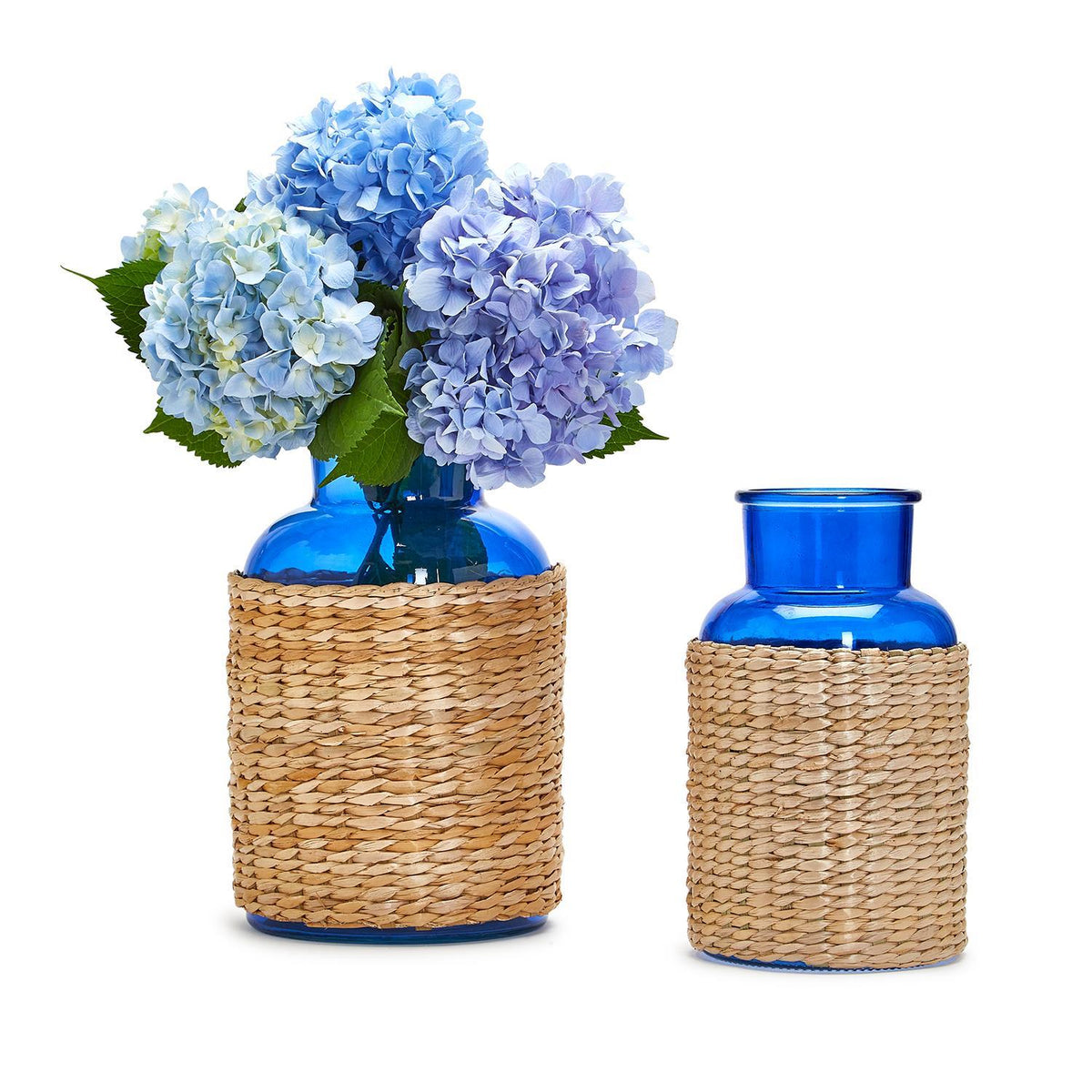 Blue Glass Candle Holder / Vase with Rattan Wrap, Set of 2