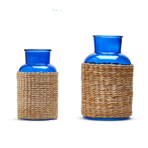 Blue Glass Candle Holder / Vase with Rattan Wrap, Set of 2