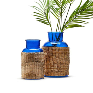 Blue Glass Candle Holder / Vase with Rattan Wrap, Set of 2