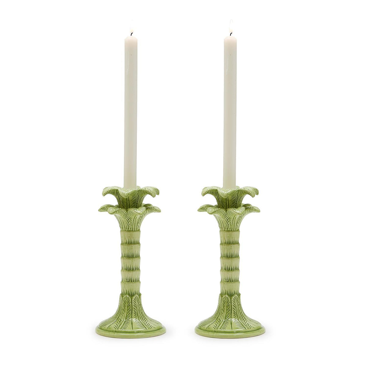 Green Palm Leaf Taper Candlestick Holder, Set of 2