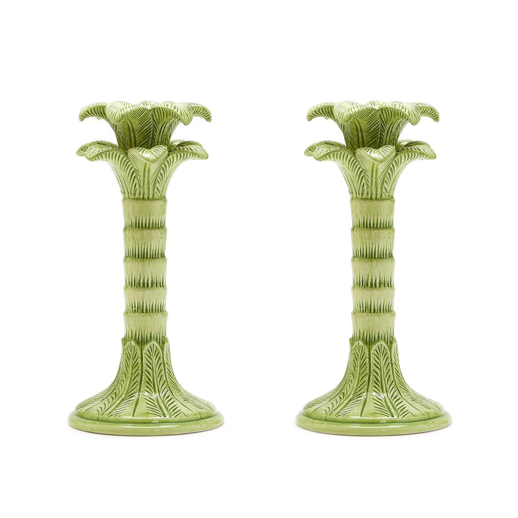 Green Palm Leaf Taper Candlestick Holder, Set of 2
