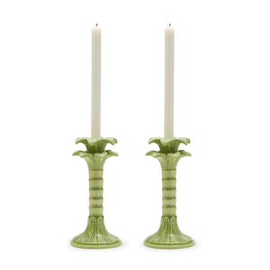 Green Palm Leaf Taper Candlestick Holder, Set of 2