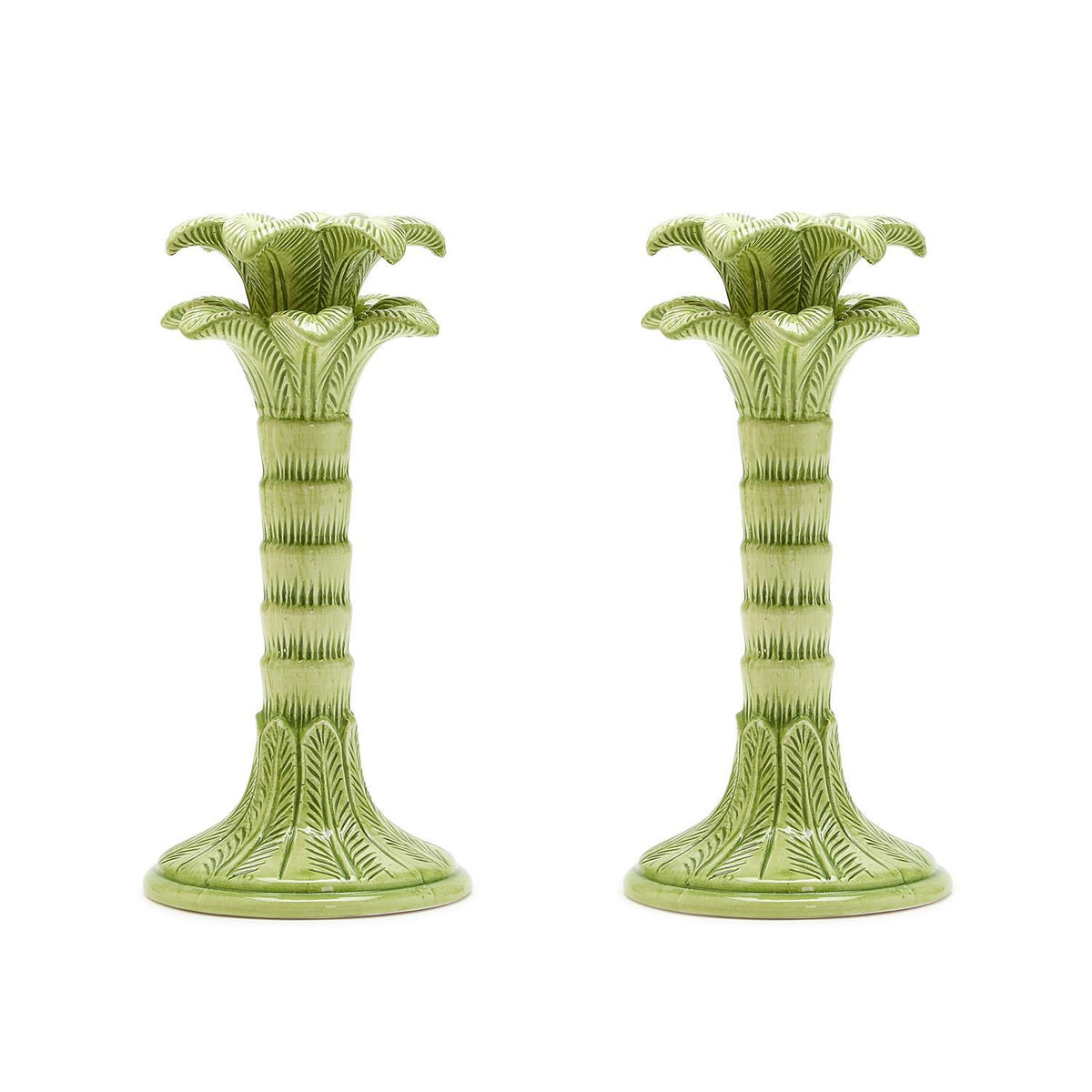Green Palm Leaf Taper Candlestick Holder, Set of 2