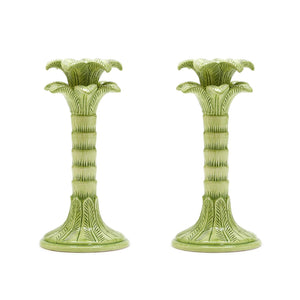 Green Palm Leaf Taper Candlestick Holder, Set of 2