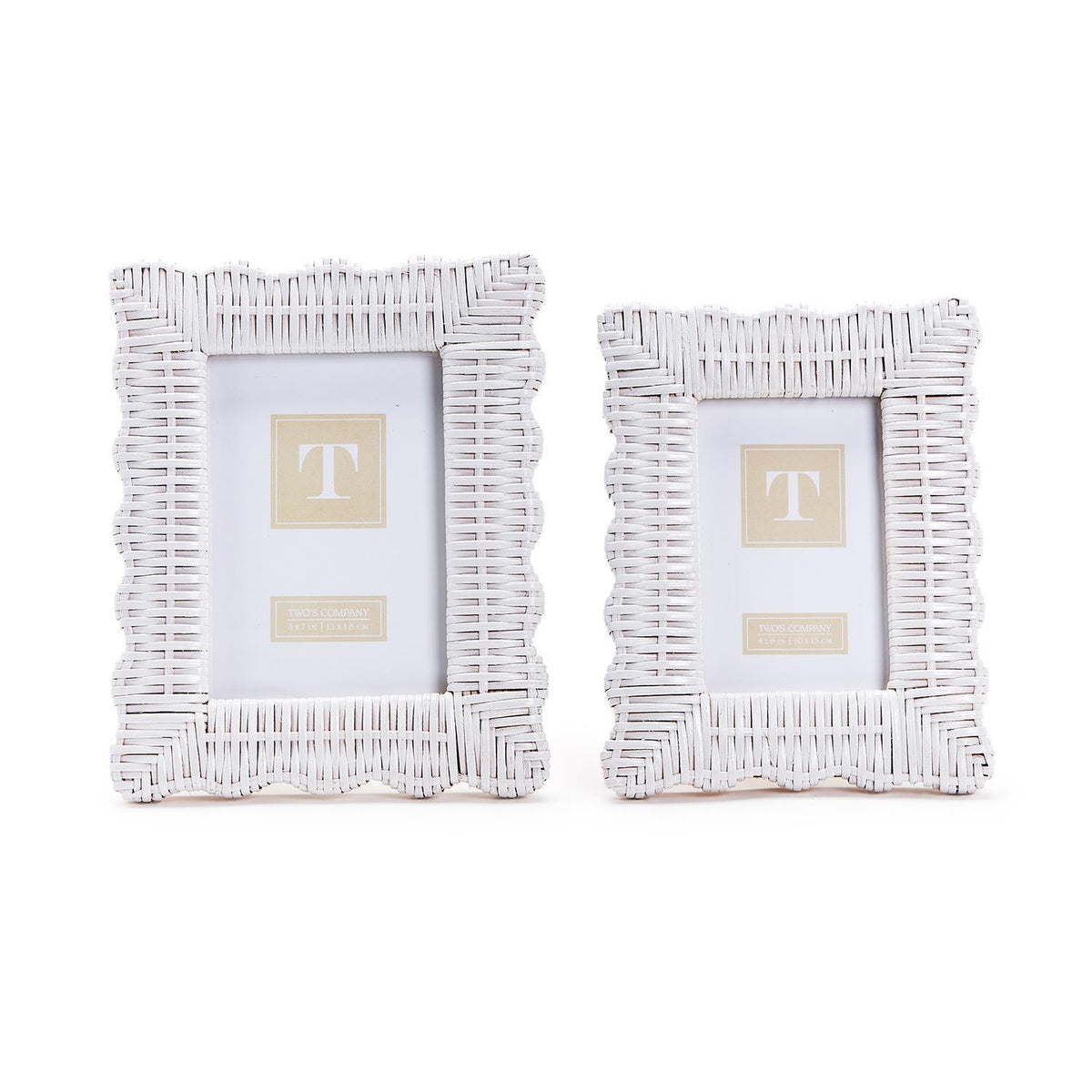 White Scalloped Wicker Weave Photo Frame, Set of 2