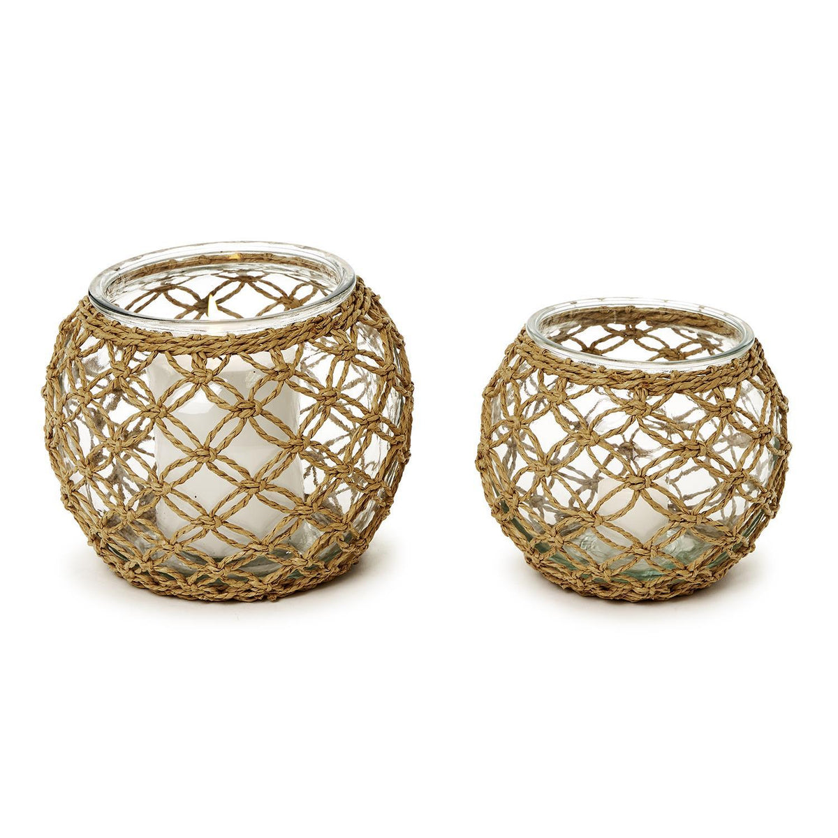 Glass Candle Holder with Hand-Woven Paper Wrap Lattice, Set of 2