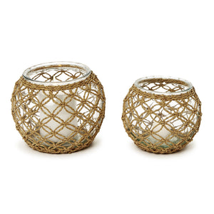 Glass Candle Holder with Hand-Woven Paper Wrap Lattice, Set of 2