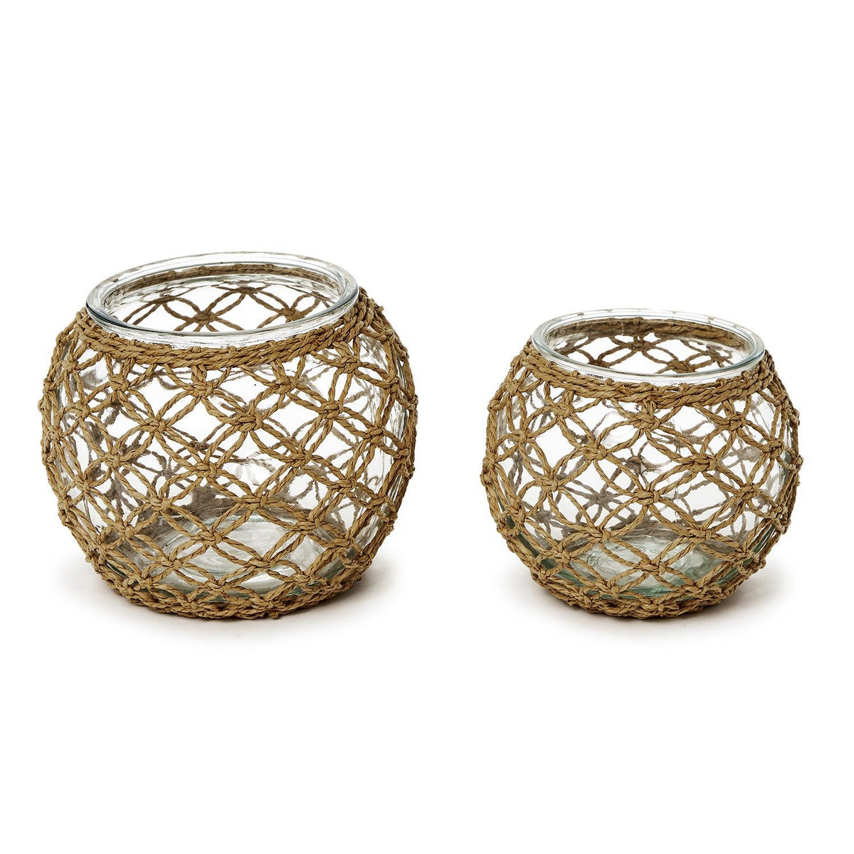 Glass Candle Holder with Hand-Woven Paper Wrap Lattice, Set of 2