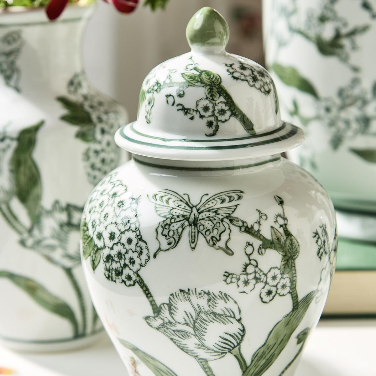 8" Primrose Lotus Green & White Chinoiserie Jar with Lid