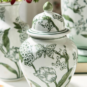 8" Primrose Lotus Green & White Chinoiserie Jar with Lid