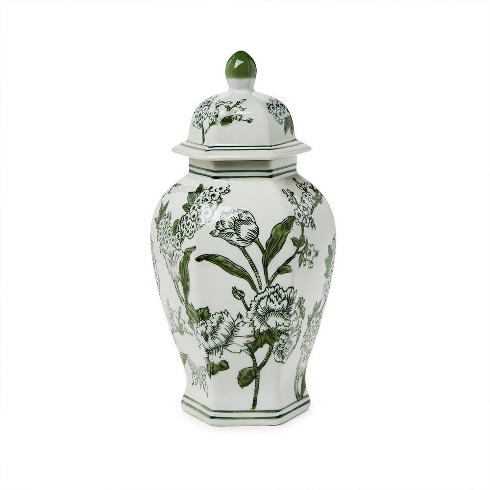 14" Primrose Lotus Green & White Chinoiserie Temple Jar with Lid