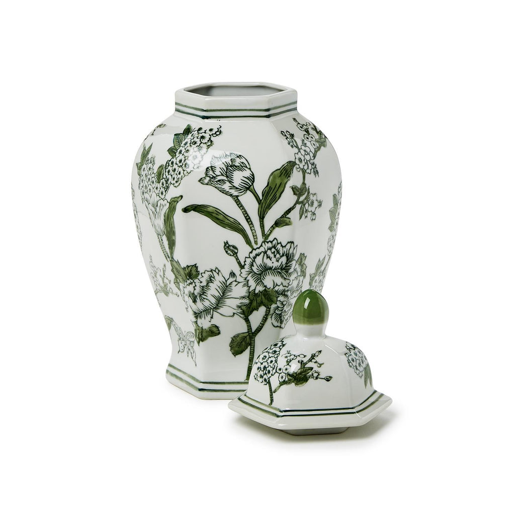 14" Primrose Lotus Green & White Chinoiserie Temple Jar with Lid