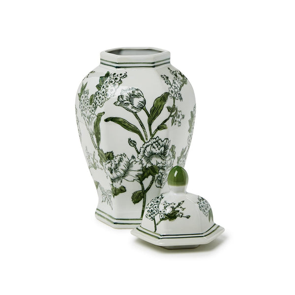 14" Primrose Lotus Green & White Chinoiserie Temple Jar with Lid