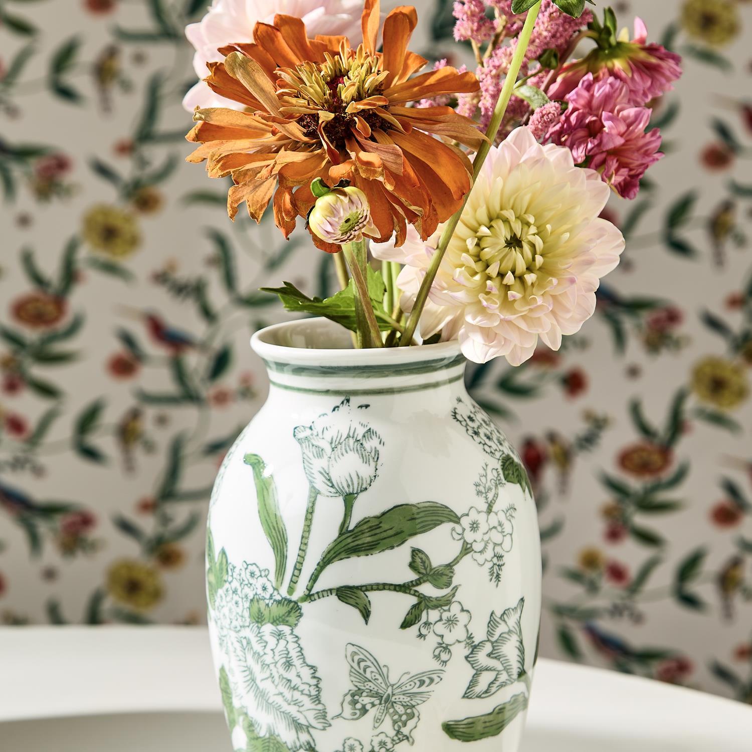 Primrose Lotus Green & White Chinoiserie Vases, Set of 2