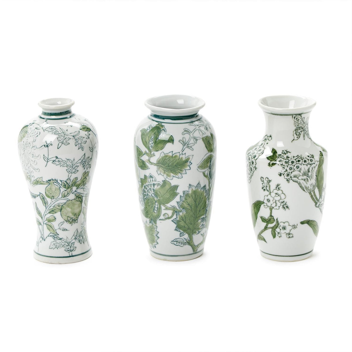 Primrose Lotus Green & White Chinoiserie Vases, Set of 3