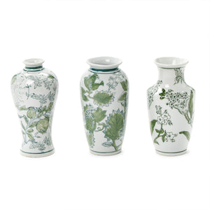 Primrose Lotus Green & White Chinoiserie Vases, Set of 3