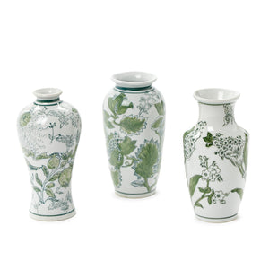 Primrose Lotus Green & White Chinoiserie Vases, Set of 3