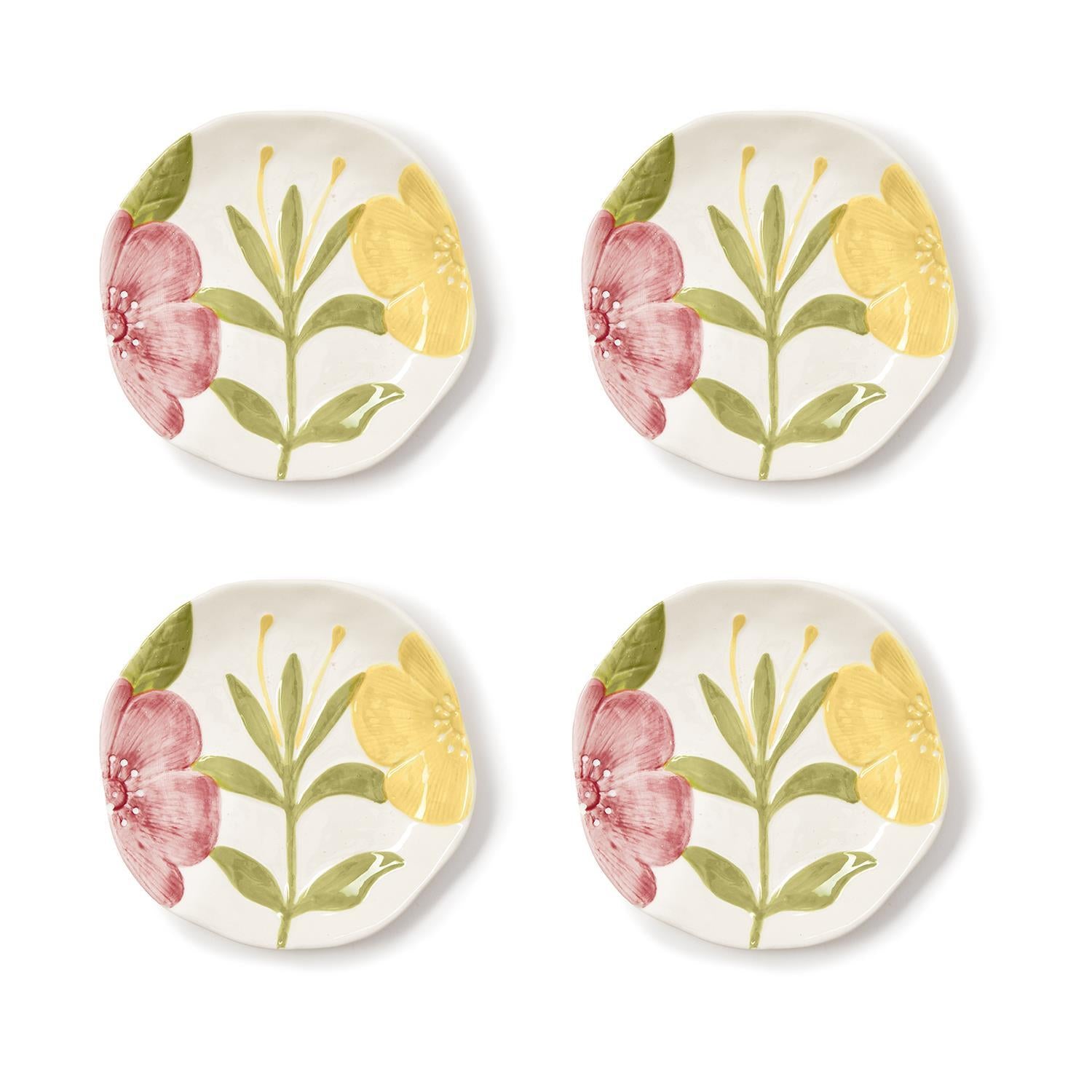 Tidbit Plates with Hand-Painted Floral Relief Design, Set of 4