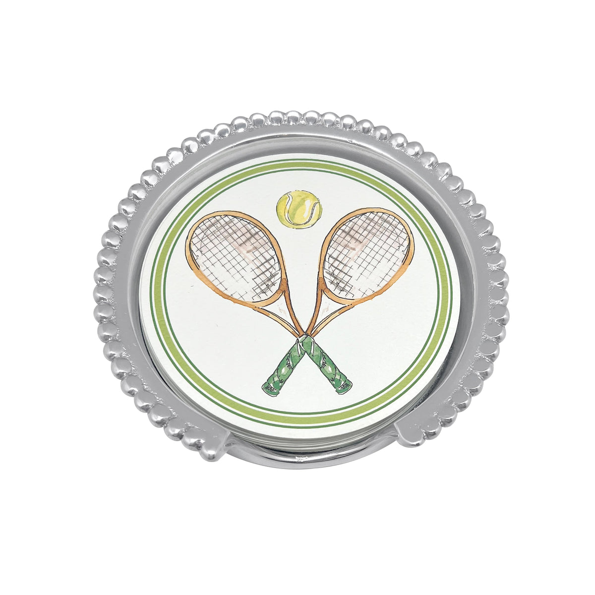 Top view of Tennis Racquet Beaded Coaster Set showcasing silver beaded aluminum holder and racquet design with white background