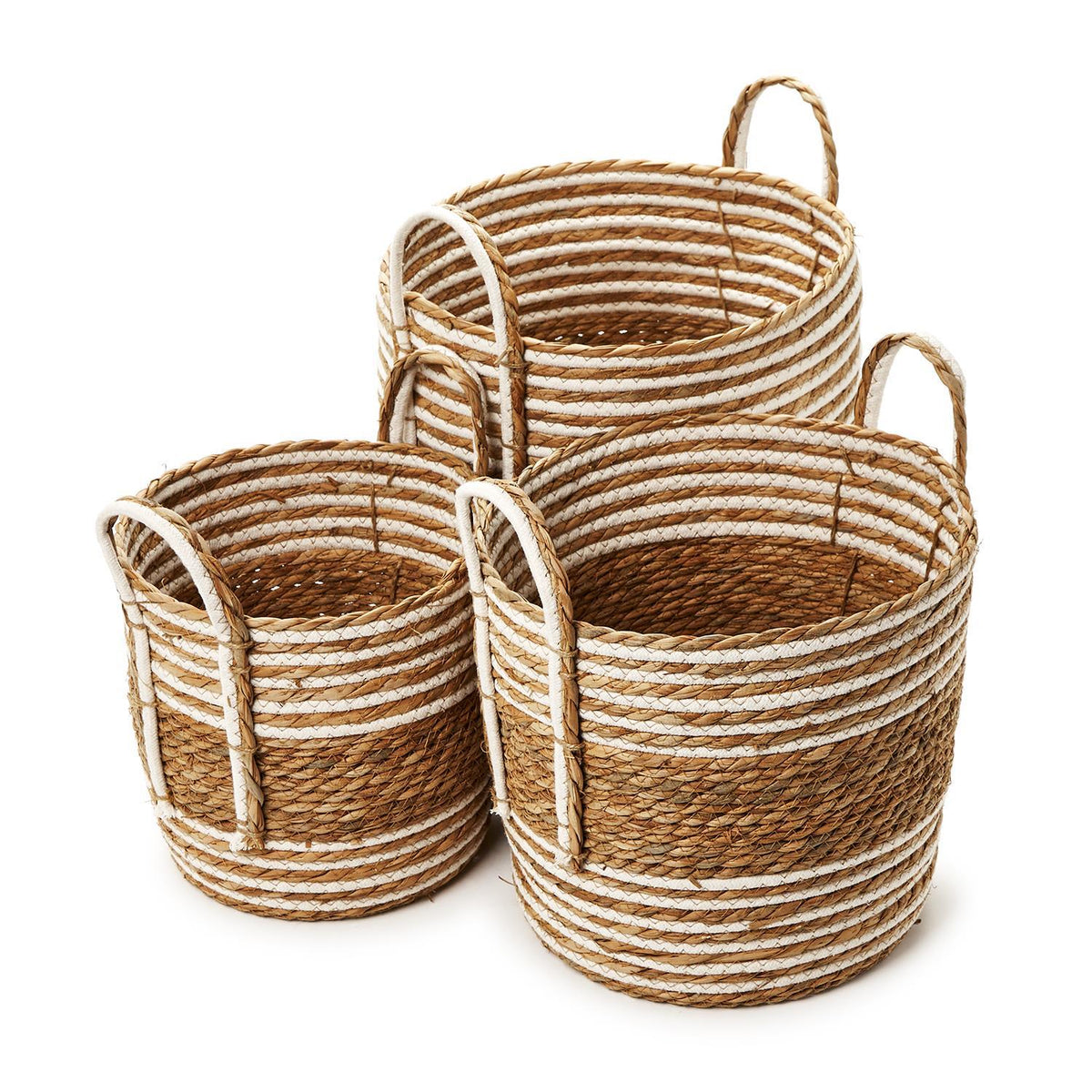 Hand-Woven Water Hyacinth & Cotton Baskets, Set of 3