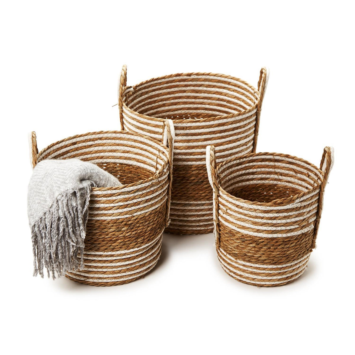 Hand-Woven Water Hyacinth & Cotton Baskets, Set of 3