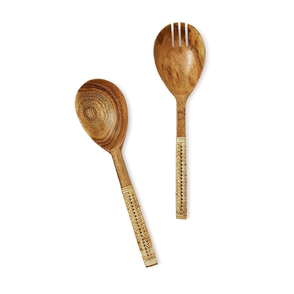 Wood Salad Servers with Wrapped Wicker Handle in Giftbox, Set of 2
