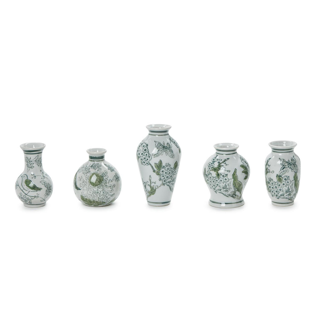 Primrose Lotus Hand-Painted Mini Green & White Chinoiserie Vases, Set of 5