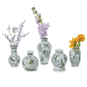 Primrose Lotus Hand-Painted Mini Green & White Chinoiserie Vases, Set of 5