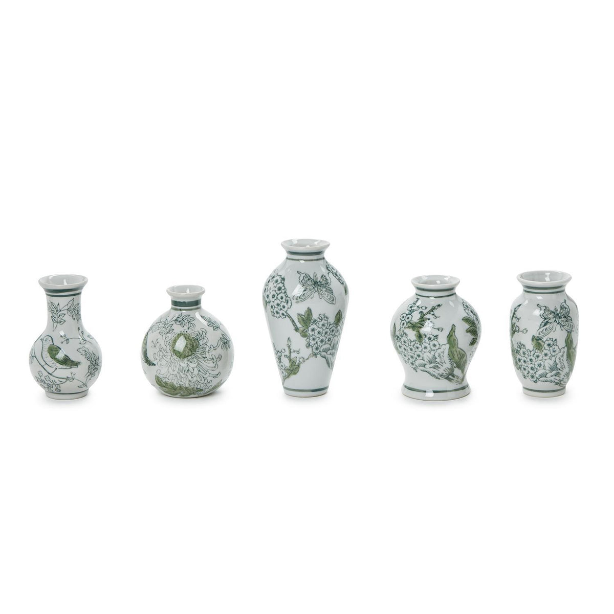 Primrose Lotus Hand-Painted Mini Green & White Chinoiserie Vases, Set of 5